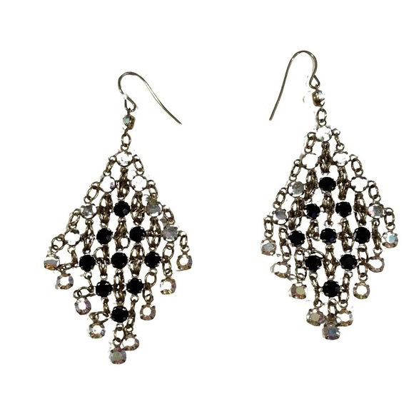 Black and clear rhinestones dangle earrings set in silver tone pierced ear #036 - Picture 2 of 7